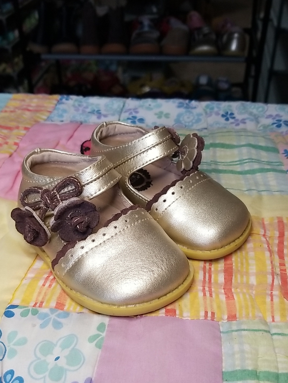 Livie & Luca Metallic Gold Mary Janes with Brown Flower Accents Size 4 Merry Bel
